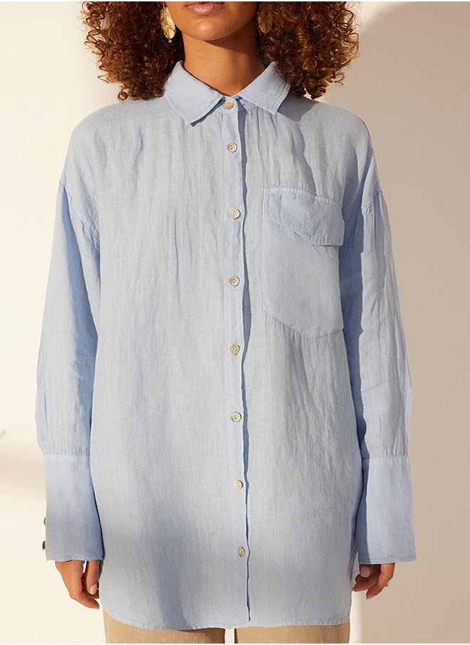 trendyol Blue 100% Linen Oversize Shirt TWOSS24GO00125  - Image 4