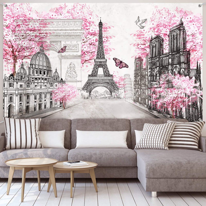 Sumind Paris Tapestry Wall Backdrop Eiffel Tower Photo Banner Background European City Landscape Pink Wall Hanging Decor for Living Room Girl Bedroom Paris Themed Party Decoration, 72.8 x 43.3 Inch - Image 5