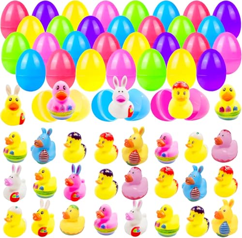 Cherislpy 24 Pcs Prefilled Easter Eggs with Bunny DuckiesBright Colorful Easter Eggs Prefilled with Variety Duckies for Fun Bath Bunny Duckies Easter Basket Stuffers and Bathtub Toys Party Favors - Image 1