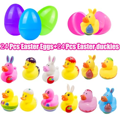 Cherislpy 24 Pcs Prefilled Easter Eggs with Bunny DuckiesBright Colorful Easter Eggs Prefilled with Variety Duckies for Fun Bath Bunny Duckies Easter Basket Stuffers and Bathtub Toys Party Favors - Image 5