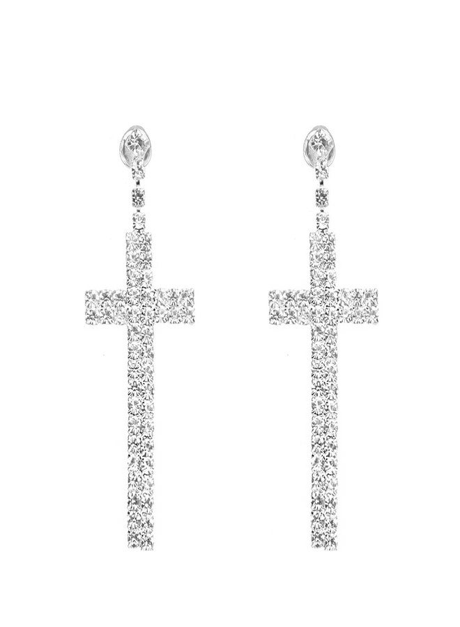 Dtja Rhinestone Cross Dangle Stud Earrings for Women Silver-Toned Crystal Cubic Zirconia Faith Charms Statement Drop Dangling Studs Delicate Lightweight Wedding Birthday Christmas Jewelry Gifts - Image 1