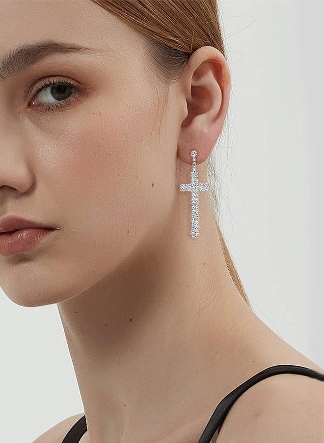 Dtja Rhinestone Cross Dangle Stud Earrings for Women Silver-Toned Crystal Cubic Zirconia Faith Charms Statement Drop Dangling Studs Delicate Lightweight Wedding Birthday Christmas Jewelry Gifts - Image 2