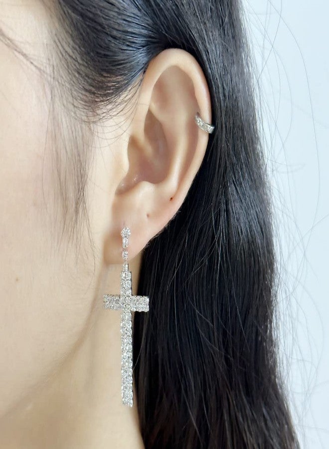 Dtja Rhinestone Cross Dangle Stud Earrings for Women Silver-Toned Crystal Cubic Zirconia Faith Charms Statement Drop Dangling Studs Delicate Lightweight Wedding Birthday Christmas Jewelry Gifts - Image 3