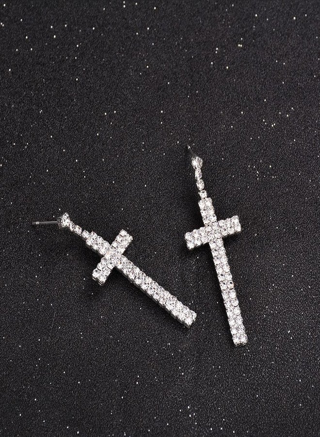 Dtja Rhinestone Cross Dangle Stud Earrings for Women Silver-Toned Crystal Cubic Zirconia Faith Charms Statement Drop Dangling Studs Delicate Lightweight Wedding Birthday Christmas Jewelry Gifts - Image 4