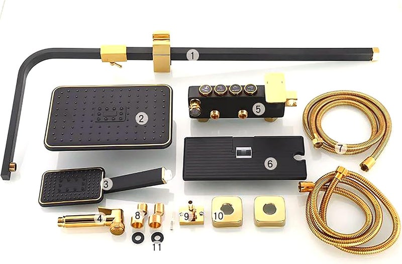 Bathroom Shower Set, Copper Plating Large Square Head Handheld Shower Wall Mount Triple Function Rainfall Shower Thermostatic Valve Mixer Set Bathroom Shower Liftable Shower Column (Gold) - Image 5