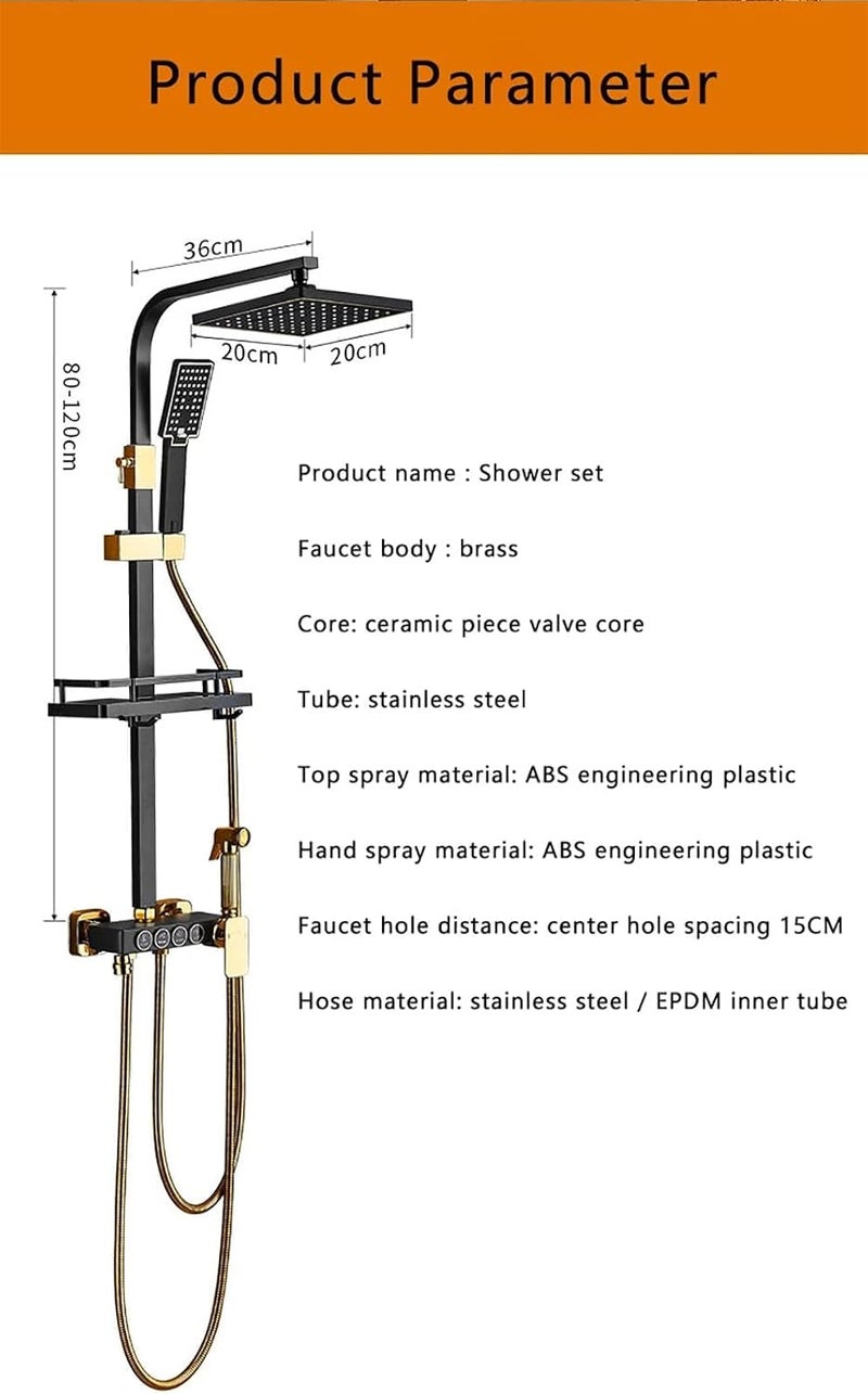 Bathroom Shower Set, Copper Plating Large Square Head Handheld Shower Wall Mount Triple Function Rainfall Shower Thermostatic Valve Mixer Set Bathroom Shower Liftable Shower Column (Gold) - Image 4
