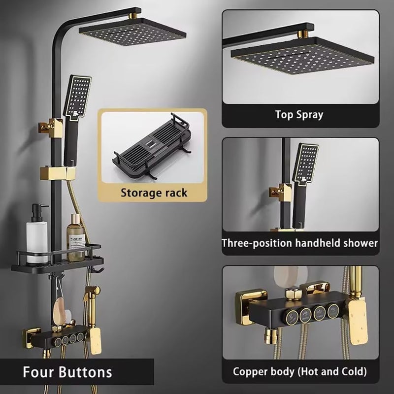 Bathroom Shower Set, Copper Plating Large Square Head Handheld Shower Wall Mount Triple Function Rainfall Shower Thermostatic Valve Mixer Set Bathroom Shower Liftable Shower Column (Gold) - Image 2