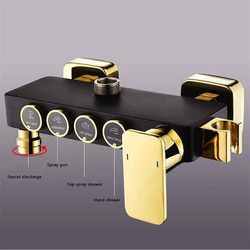 Bathroom Shower Set, Copper Plating Large Square Head Handheld Shower Wall Mount Triple Function Rainfall Shower Thermostatic Valve Mixer Set Bathroom Shower Liftable Shower Column (Gold) - Image 3