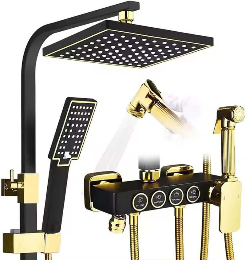 Bathroom Shower Set, Copper Plating Large Square Head Handheld Shower Wall Mount Triple Function Rainfall Shower Thermostatic Valve Mixer Set Bathroom Shower Liftable Shower Column (Gold) - Image 1