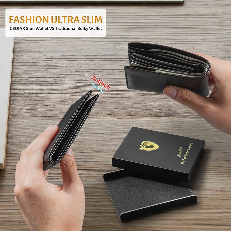 GSOIAX محفظة الرقيقة من الجلد، مزودة بحماية ضد تقنية RFID، تصميم مزدوج الأجزاء، جيب أمامي، تحتوي على نافذة لعرض البطاقات، تصميم أنيق، مع صندوق هدايا، باللون الأسود، كلاسيكية. - Image 3