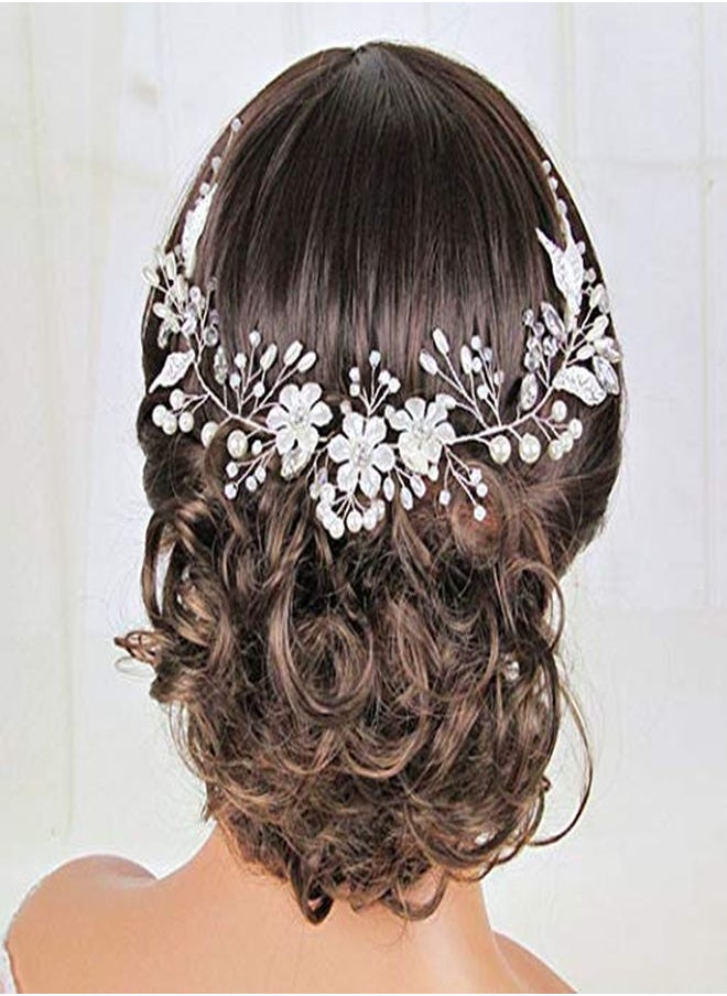 Unicra Bride Flower Wedding Hair Vine Leaf Silver Bridal Hair Piece Pearls Hair Accessories For Women And Girls  - Image 3