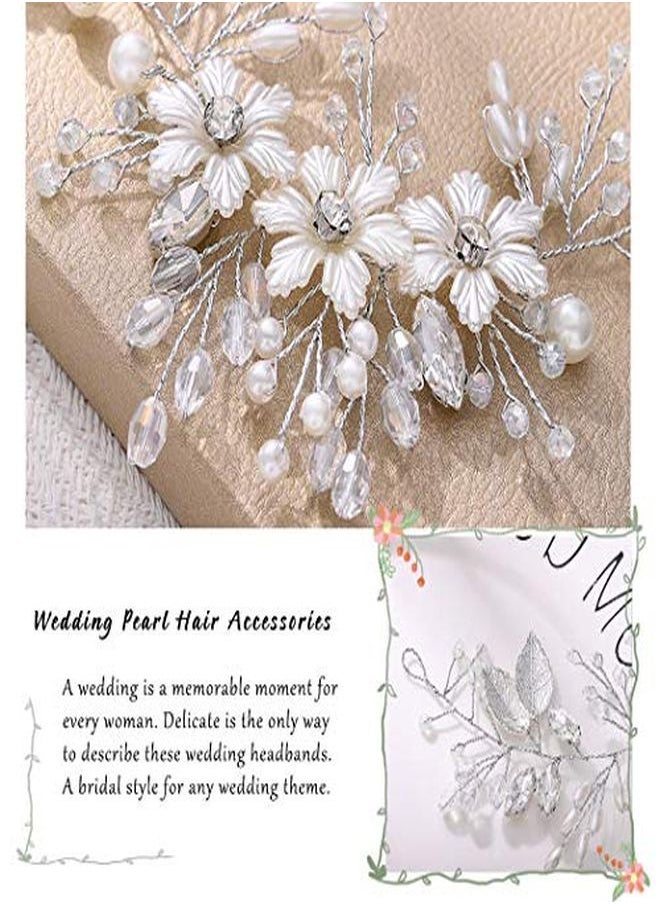 Unicra Bride Flower Wedding Hair Vine Leaf Silver Bridal Hair Piece Pearls Hair Accessories For Women And Girls  - Image 4