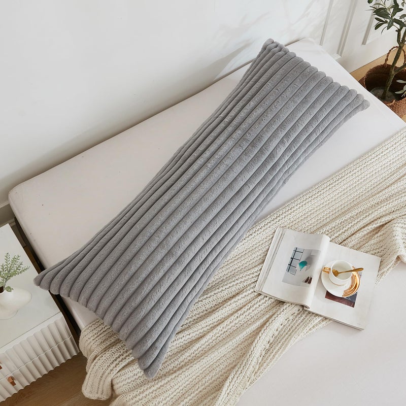 Memfydu Full Body Pillow With Fluffy Stripe Faux Fur Removable Cover  Long Bed Pillow Adult 20X54 Inches For Side Sleeper And Pregnancy  Gray. - Image 3