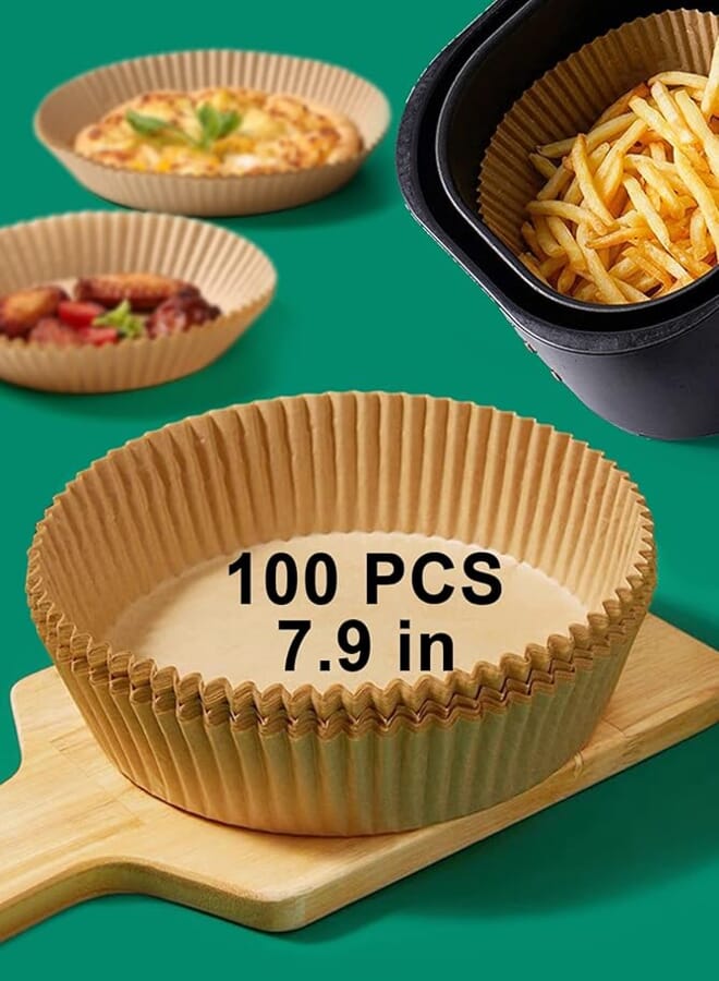 Air Fryer Liners, 100PCS Air Fryer Paper Liners, Disposable Paper Liner for Air Fryer, Oil-Proof, Water-Proof, Food Grade Parchment for Baking Roasting Microwave(7.9in)