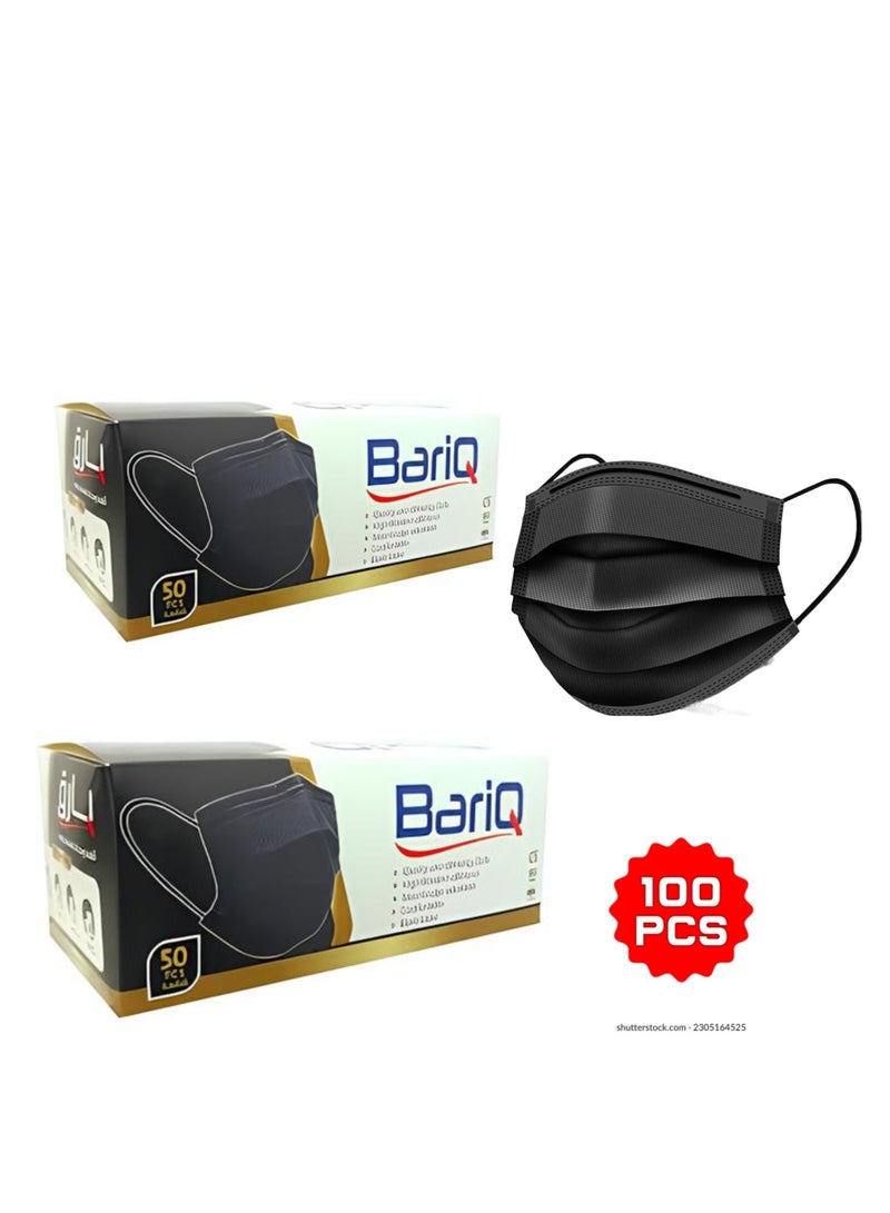 بارق 100 قطعة قناع وجه طبي لون أسود للاستخدام مرة واحدة مكون من 3 طبقات مع حلقات أذن مرنة ناعمة على الجلد (50 قطعة × 2 صندوق) - Image 1