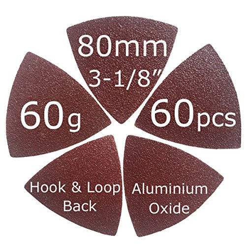 XXGO 3-1/8" 80mm 60 Pcs 60 Grits Triangular Hook & Loop Abrasive Multi Tool Sandpaper for Wood Sanding Fit 3-1/8 Inch Oscillating Multi Tool Sanding Pads XG802060 - Image 2