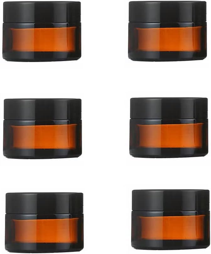 6 PCS 5ML (0.17 OUNCES) EMPTY AMBER GLASS JARS WITH BLACK LIDS ROUND COSMETICS LOTION OINTMENT MAKEUP CREAM CONTAINERS DISPENSER STORAGE FOR TRAVEL BUSINESS TRIP CAMPING