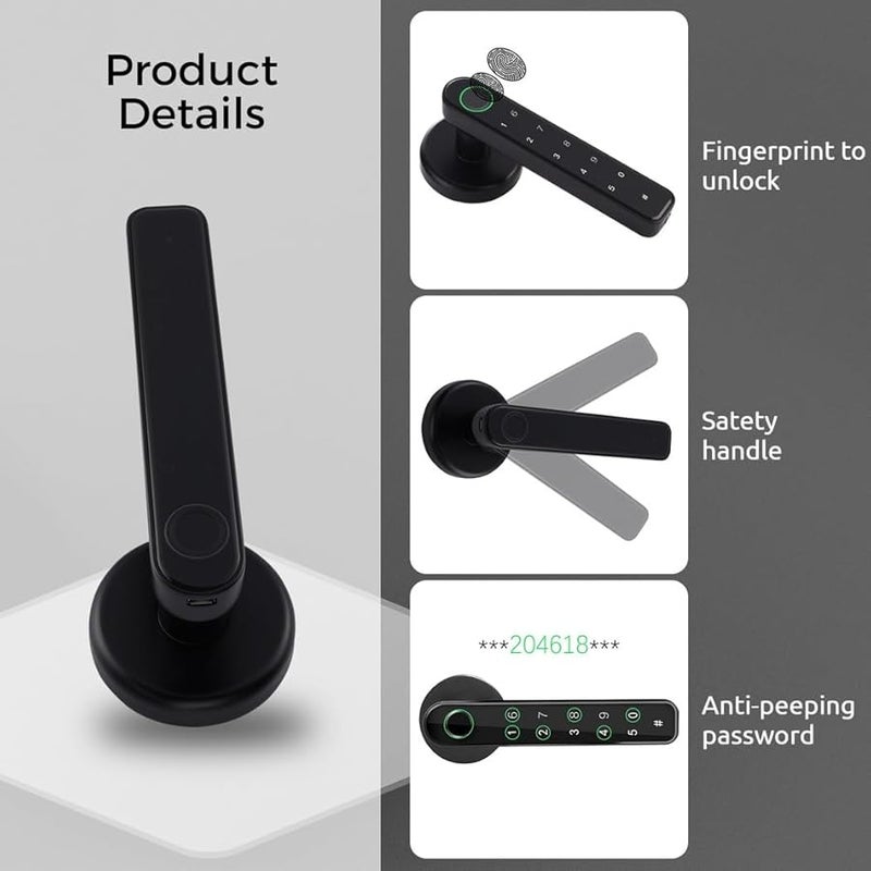 Black Biometric Fingerprint Door Lock Smart Keypad Keyless Entry Handle for Bedroom Office Apartment - Image 5