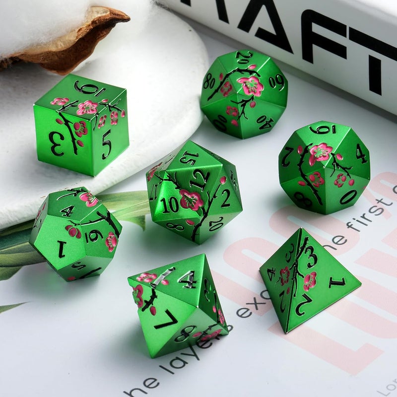 DNDND Matt Green Metal Dice Set, 7 PCS Heavy Metallic D&D Dice Set with Gorgeous Gift Case for Dungeons and Dragon Tabletop Game (Matte Green with Pink Flower) - Image 3