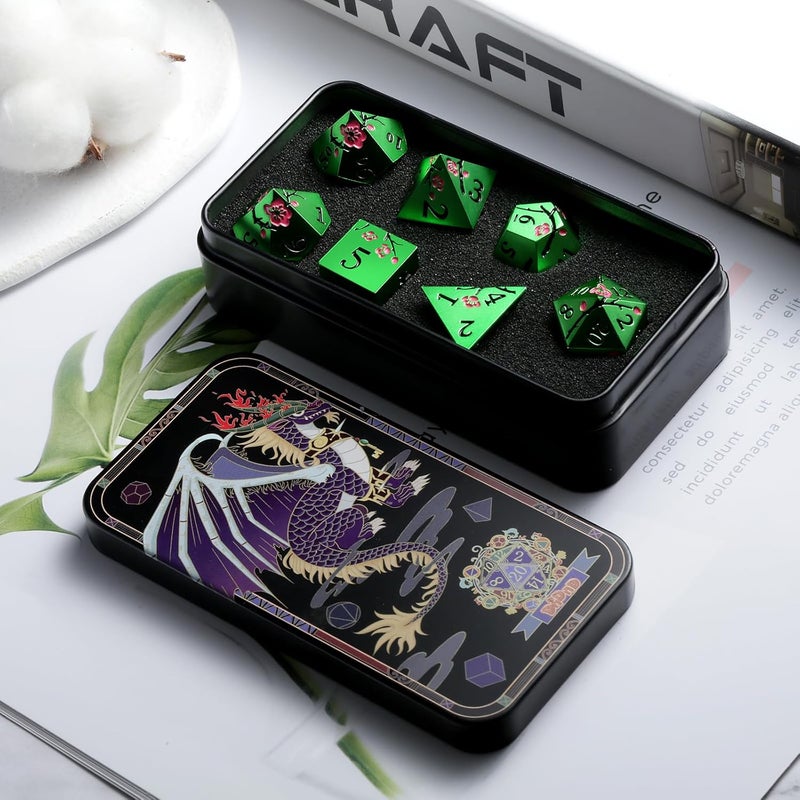 DNDND Matt Green Metal Dice Set, 7 PCS Heavy Metallic D&D Dice Set with Gorgeous Gift Case for Dungeons and Dragon Tabletop Game (Matte Green with Pink Flower) - Image 4