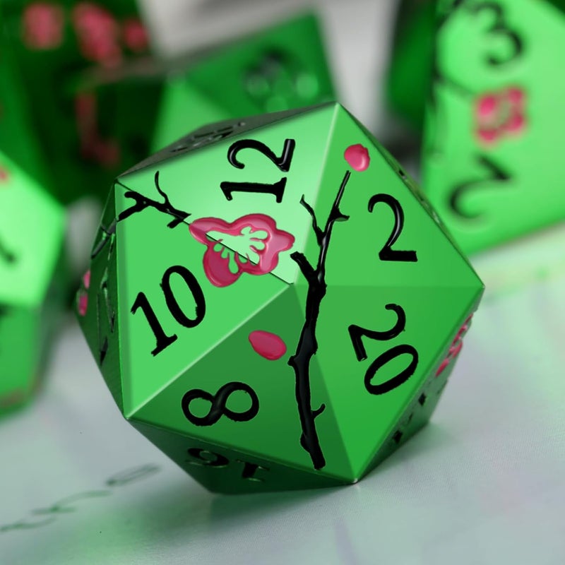 DNDND Matt Green Metal Dice Set, 7 PCS Heavy Metallic D&D Dice Set with Gorgeous Gift Case for Dungeons and Dragon Tabletop Game (Matte Green with Pink Flower) - Image 2