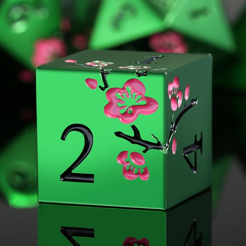 DNDND Matt Green Metal Dice Set, 7 PCS Heavy Metallic D&D Dice Set with Gorgeous Gift Case for Dungeons and Dragon Tabletop Game (Matte Green with Pink Flower) - Image 1