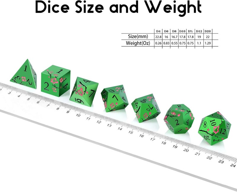DNDND Matt Green Metal Dice Set, 7 PCS Heavy Metallic D&D Dice Set with Gorgeous Gift Case for Dungeons and Dragon Tabletop Game (Matte Green with Pink Flower) - Image 5