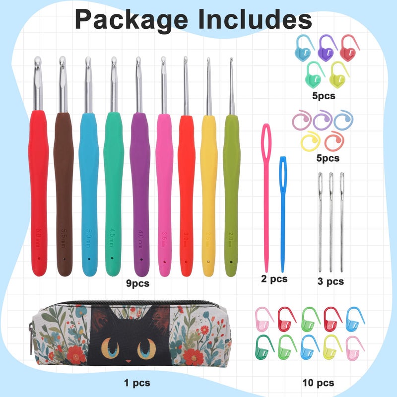 Crochetbox Crochet Hooks Set, 9 Size 2mm(B)-6mm(J) Ergonomic Handles Crochet Hooks with Case for Arthritic Hands, Kintting Needle with Crocheting Tool for Crocheters - Image 5