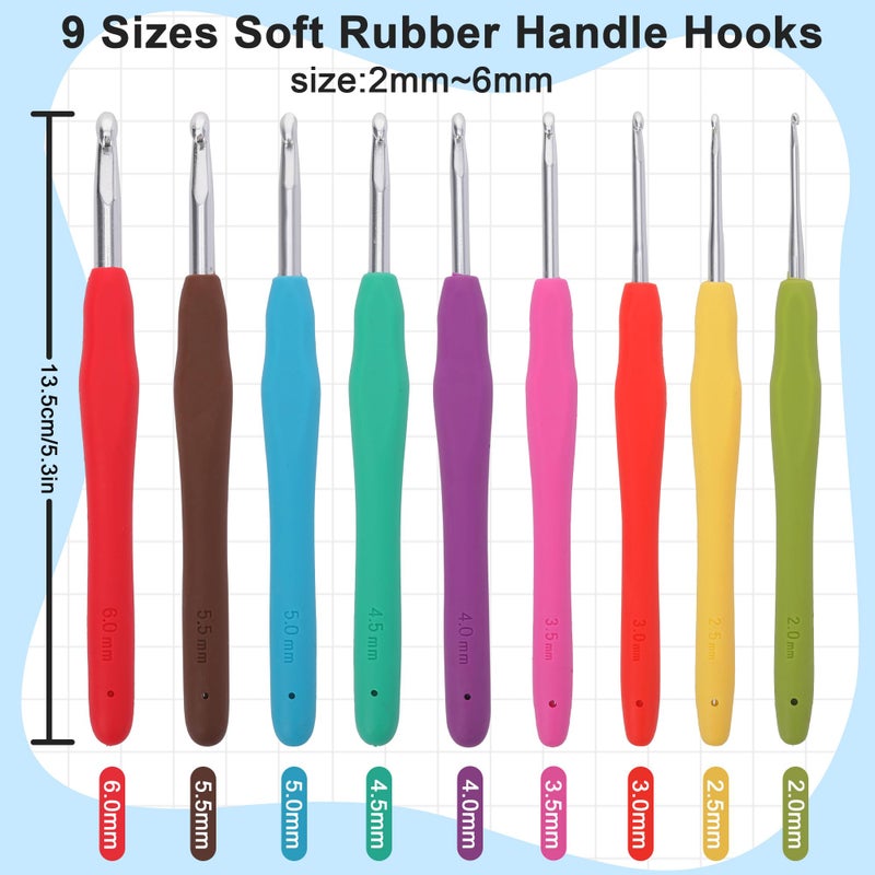 Crochetbox Crochet Hooks Set, 9 Size 2mm(B)-6mm(J) Ergonomic Handles Crochet Hooks with Case for Arthritic Hands, Kintting Needle with Crocheting Tool for Crocheters - Image 2