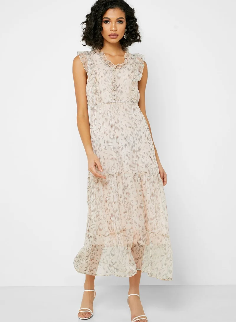 ELLA Animal Print Ruffle Trim Maxi Dress