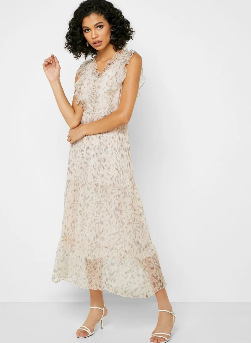 ELLA Animal Print Ruffle Trim Maxi Dress