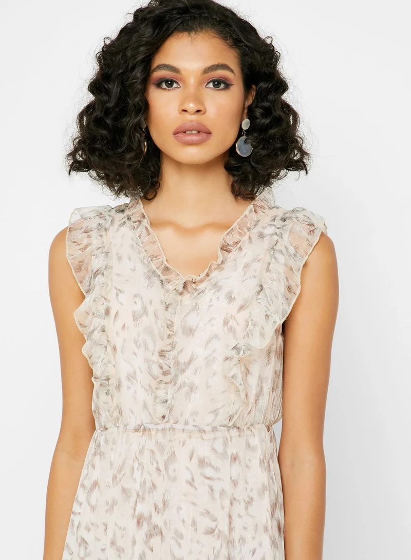 ELLA Animal Print Ruffle Trim Maxi Dress
