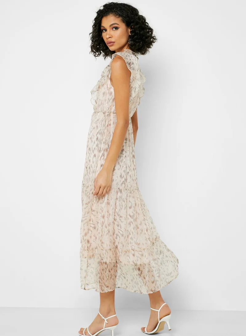 ELLA Animal Print Ruffle Trim Maxi Dress