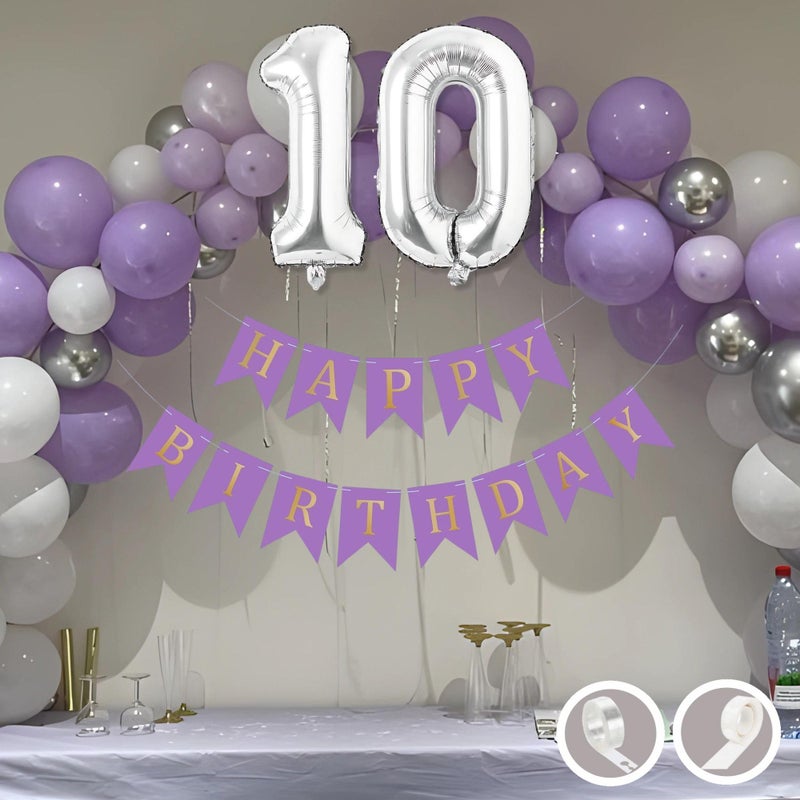 Flyloons 10th Birthday Decoration Items Purple and White Theme Combination for Boys Girls Kids | 30 Pcs Purple White Silver Color Balloons | Purple Happy Birthday Banner | Arch Tape | Glue Dots - Image 5