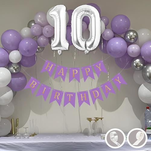 Flyloons 10th Birthday Decoration Items Purple and White Theme Combination for Boys Girls Kids | 30 Pcs Purple White Silver Color Balloons | Purple Happy Birthday Banner | Arch Tape | Glue Dots - Image 1