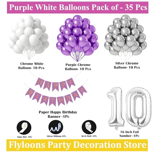 Flyloons 10th Birthday Decoration Items Purple and White Theme Combination for Boys Girls Kids | 30 Pcs Purple White Silver Color Balloons | Purple Happy Birthday Banner | Arch Tape | Glue Dots - Image 2