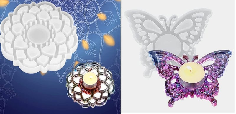53ARTS Silicon Resin Tealight Holder Mold Butterfly Design and Lotus Flower Candle Mould Resin Making Epoxy Casting Craft Decor Room Table Office (Pack of 2)  - Image 1