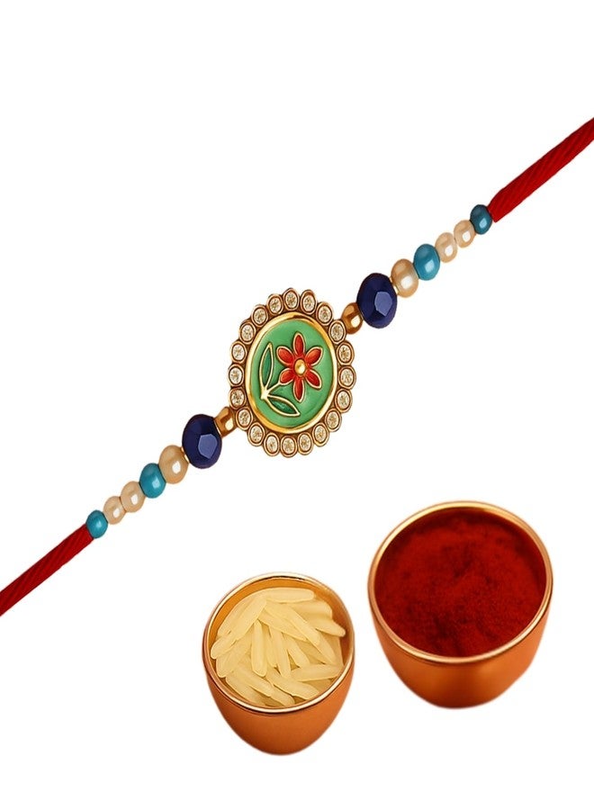 Sage Square Rakhi for Brother, Bhai with Roli Chawal | Raksha Bandhan | Designer Beads, Stones, Decorative Work | Stylish Handcrafted Rakhi Gifting for Sibling Festival Celebration (Type 1) - Image 1