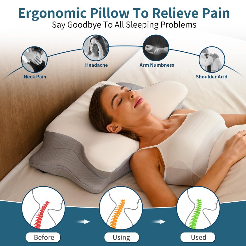 Ylekto Cervical Neck Pillow for Pain Relief, Ergonomic Pillow Side Sleeper Pillow for Sleeping, Contour Memory Foam Pillows with Cooling Pillowcase Orthopedic Bed Pillow for Back Stomach Sleepers - Image 3