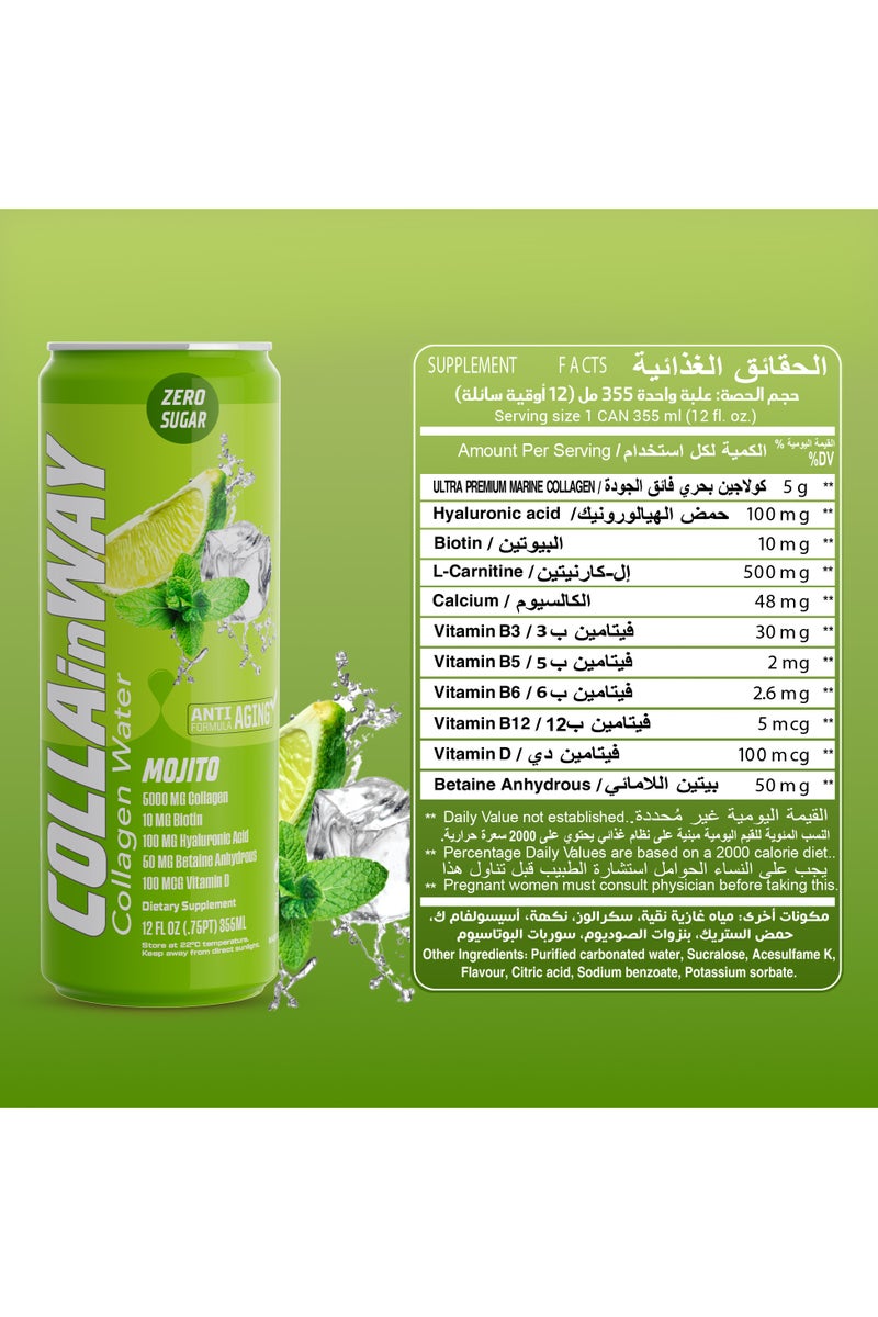 كولانواي كولاجين كولاين واي ٥٠٠٠ ملغ -موهيتو خالي من السكر، ١٠ ملغ بيوتين، ١٠٠ ملغ حمض الهيالورونيك، ١٥٠ ملغ إل-جلوتاثيون، ١٠٠ ميكروغرام، إل-كارنيتين، ٠.٥ غرام، فيتامين د، كالسيوم - مرطب مضاد للشيخوخة (عبوة من ١٢ قطعة) - Image 4