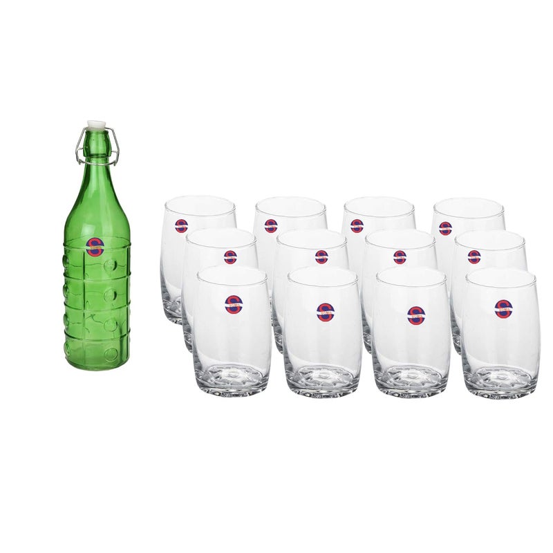 Somil Glass and Bottle Water Other Hot Cold Beverage Serving Set for Home Bar Restaurant 12 Glasses 1 Lt Bottle Green Transparent - Image 1