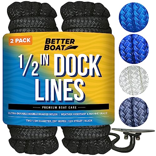Boat Dock Lines 12 Inch Braided Nylon Rope 25 ft Mooring Marine Docking Lines with Loop Black 2 Pack
