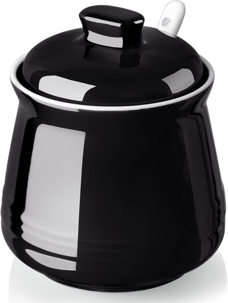 DAYYET Sugar Bowl with Lid and Spoon, 12 oz Ceramic Sugar Bowl with Spoon, Sugar Container for Coffee Bar, Sugar Jar Sugar Dispenser Bowl, Modern Kitchen Decor, Black - Image 1