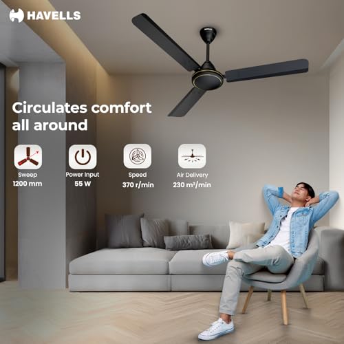 Havells Mozel XP 1200mm Ceiling Fan, Best in Class Base Fan with High Air Delivery, Energy Saving & 100% Pure Copper Motor | 2 Year Warranty | Matt Black - Image 5