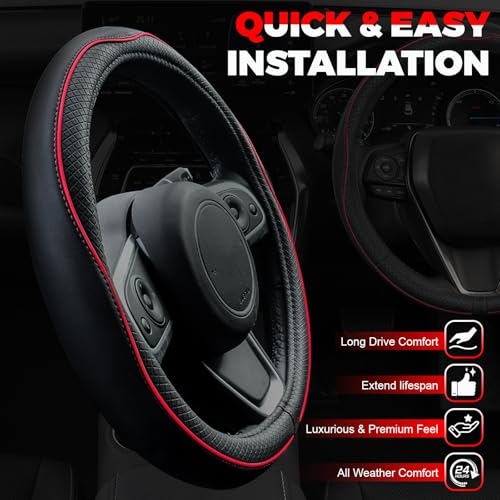 Ouzorp Car Steering Wheel Cover, Microfiber Leather Steering Wheel Covers with Anti-Slip Lining, Universal 14.5-15 inchs Black with Red line - Image 4