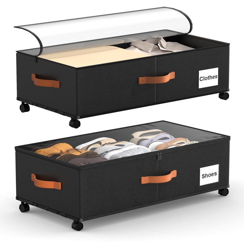 Eastherry Under Bed Storage Containers with Wheels, 9.5 inches Higher Underbed Shoes Blankets Clothes Toy Storage Drawers for College Dorms Bedrooms Nursery Rooms Organization, 2 Pack to be Assembled - Image 1