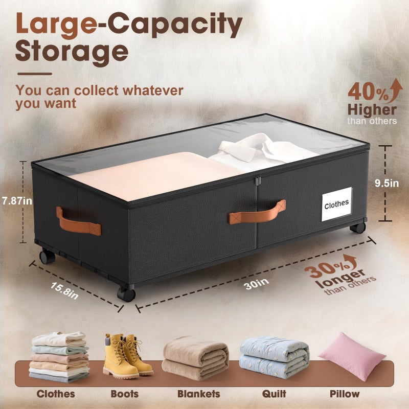 Eastherry Under Bed Storage Containers with Wheels, 9.5 inches Higher Underbed Shoes Blankets Clothes Toy Storage Drawers for College Dorms Bedrooms Nursery Rooms Organization, 2 Pack to be Assembled - Image 2