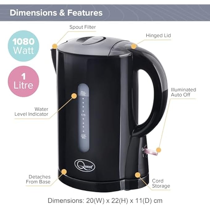 Quest 35039 1 Litre Kettle  Compact Design  Spout Filter  Water Level Indicator  Bpa Free  Black - Image 3
