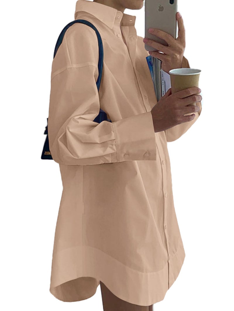 LYANER Women's Casual Shirt Dress Collar V Neck Button Down Loose Long Sleeve Mini Dresses Khaki Medium - Image 2