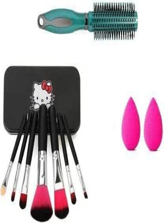 Ooplore 7 Black Makeup Brushes Set and 1 Round Hair Brush with 2 Pink Beauty Blenders - (Pack of 10) - Image 1